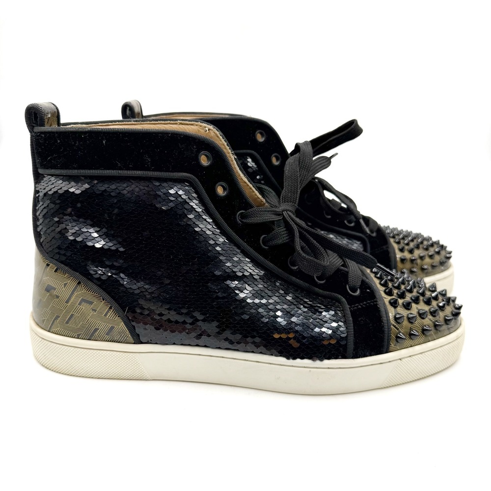 Christian Louboutin Lou Spikes‎ Sneakers Black Sequin High Top Sz 41.5 / 8.5 Men